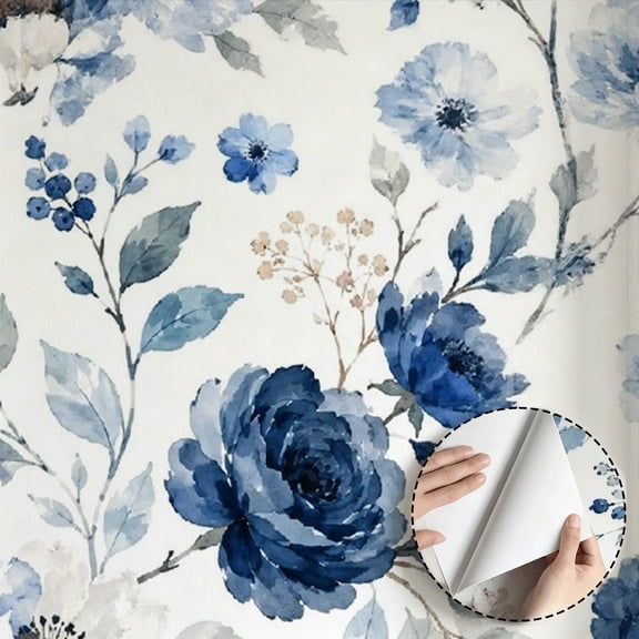 Watercolor Blue Floral Wallpaper, Vintage Farmhouse Floral peel and stick wallpaper, waterproof Wall Decoration for Bedroom, Living Room, Bathroom, Kitchen Cabinet, Dorm Room [17.7 * 118 in]