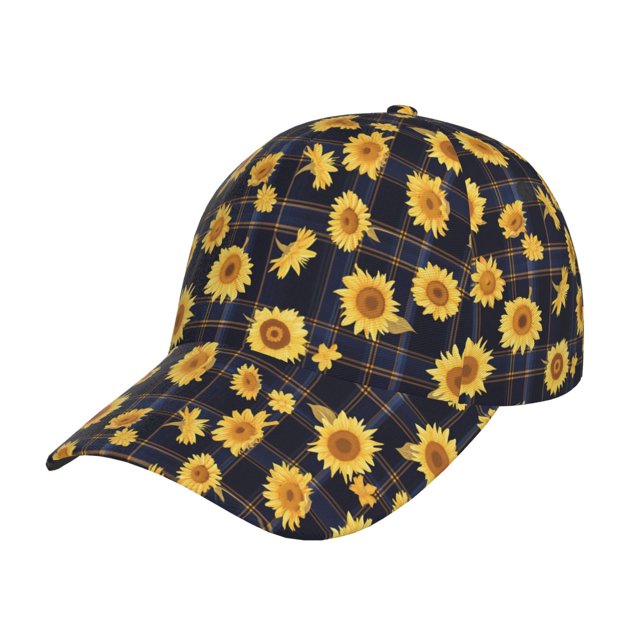 Balery Royal Blue Plaid Sunflower Gorra de béisbol de tamaño ajustable para correr, entrenar y actividades al aire libre. Gorra de papá para todas las estaciones.