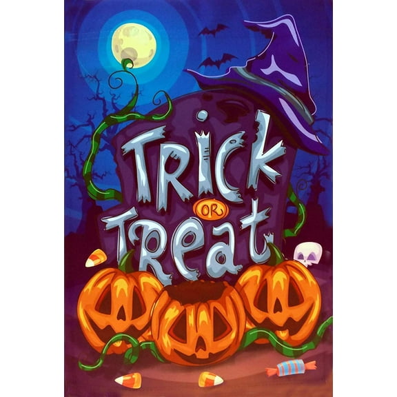 Trick or Treat Halloween Garden Flag - 12" x 18", Double Sided, Halloween Decorations, Spooky Pumpkins, Graveyard, Witch's Hat, Blue and Orange
