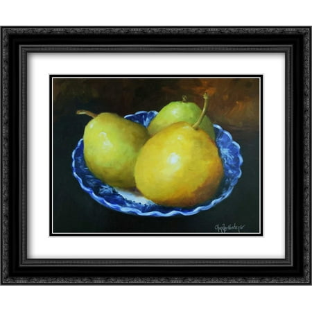 Long Blue Willow - Yellow Pears in Blue Willow Bowl 2x Matted 24x20 Black Ornate Framed Art Print by Wollenberg, Cheri