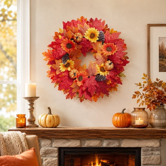 20" Large Artificial Fall Wreath with Flowers for Front Door Decor | Faux Maple Leaves Fake Pinecone Sunflowers Pumpkins Wreath,for Porch Window Autumn Thanksgiving Day Harvest Festival Decor