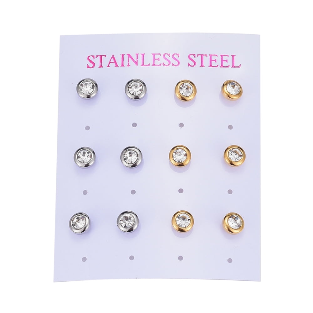 5Card 304 Stainless Steel Stud Earrings with Cubic Zirconia and Ear Nuts Flat Round Clear Mixed Color 6.5mm Pin: 0.7mm 6pairs/card