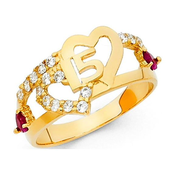 Heart Quince 15 Ring Solid 14k Yellow Gold Band Quinceanera CZ Red Two Hearts Polished Fancy, Size 7
