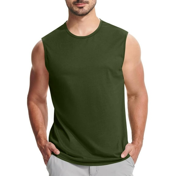 Chiccall Mens Athletic Tank Tops Summer Crew Neck Sleeveless Basic Tees Solid Stretch Gym Workout Shirts 4XL Army Green