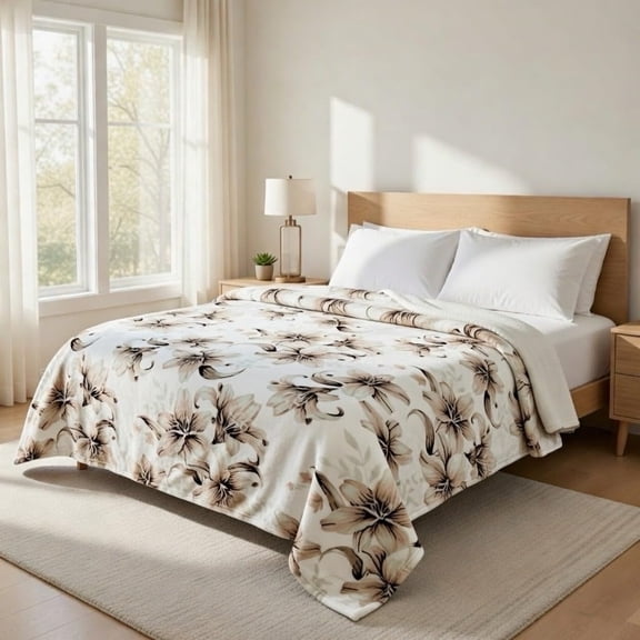 Korean Mink Blanket Queen Size, Floral Print - Thick Heavy Korean Blanket - 5 LB Heavy Fleece Mink Style, 95"x 79", (White Lilly)