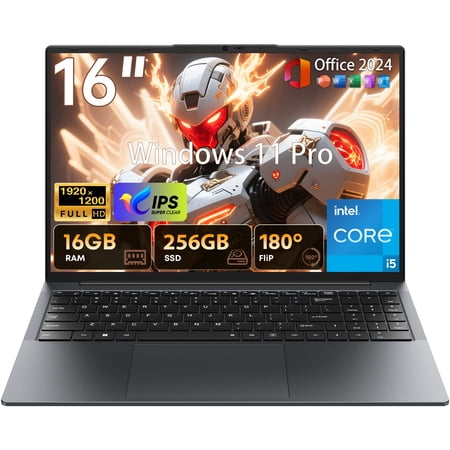 16" FHD 16:10 IPS Laptop, Intel Core i5, 16GB RAM 256GB SSD, Windows 11 Pro MS Office 2024, Silver, Student & Business