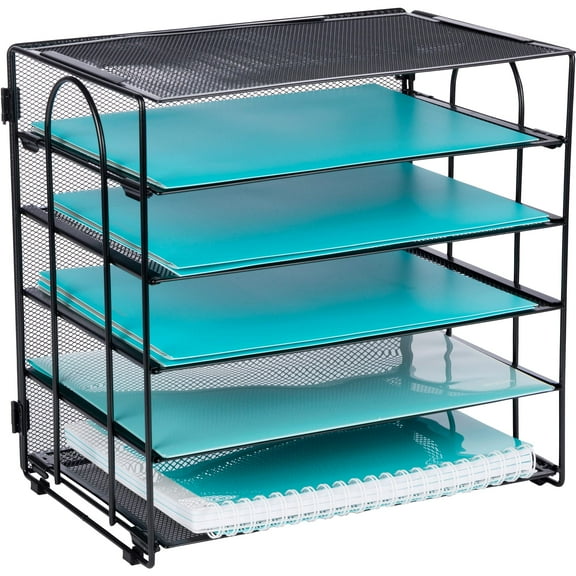 Desk Organizer Tray, Letter Tray in Black Metal Mesh for Organizing Files, Papers, Bills, Folders, Letters, and Binders. Desktop Paper Rack for Home, Office, or School (5 Tier - New)
