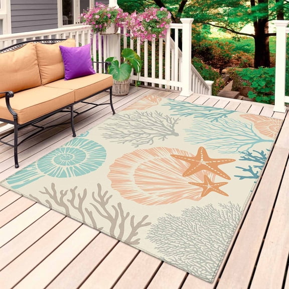 Coastal Turquoise Outdoor Rug 5x7 Ft, Non Slip Washable Area Rug, Ocean Coral Starfish Shell Modern Sea Patio Rugs Carpet Runner, Large Floor Mat for Indoor/Outdoor Deck Porch Camping