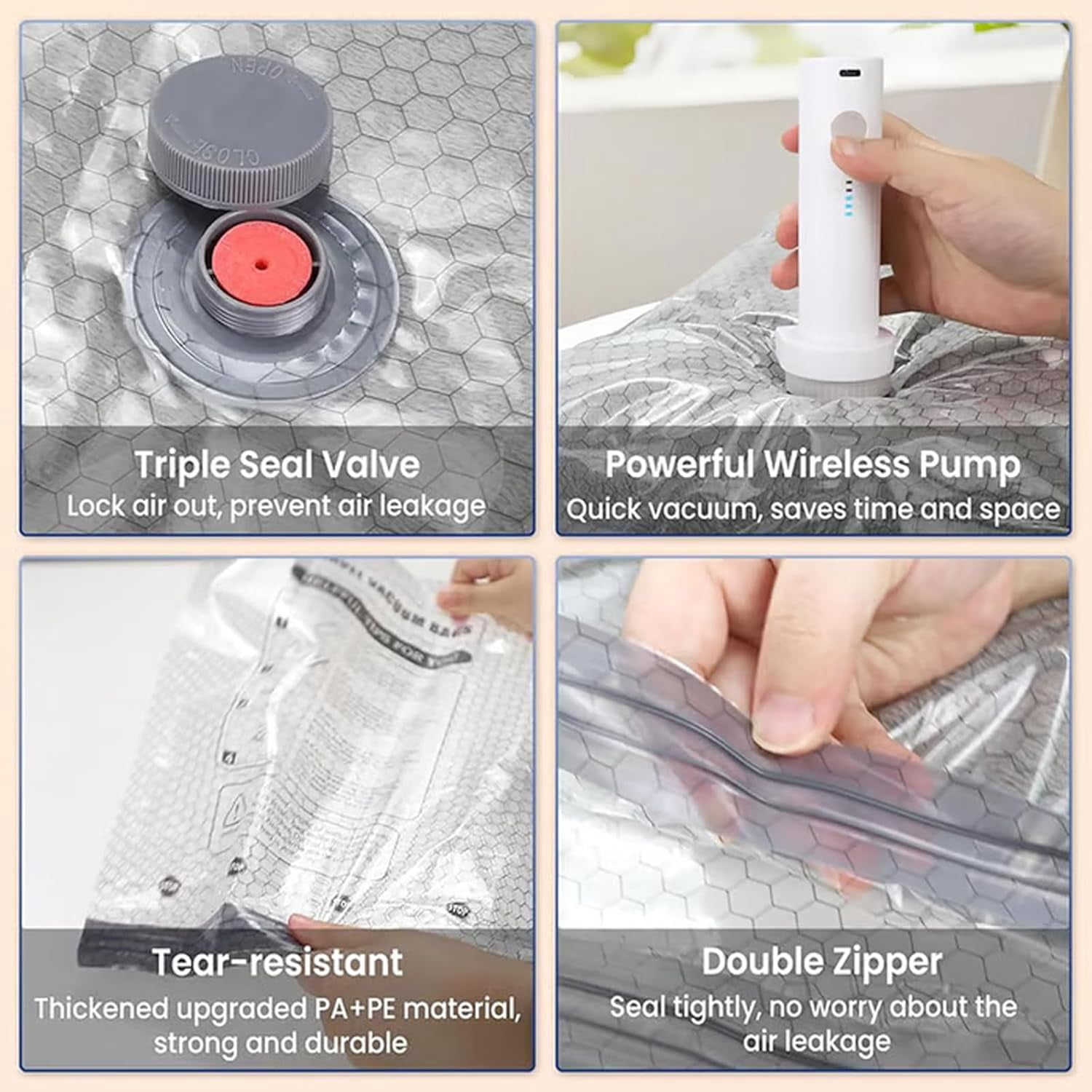 Cordless Travel Vacuum Storage Compression Bag Set, Vacuum Travel Bags with Pump, Free Up 80% More Space, Reusable Space, for Clothing and Bedding