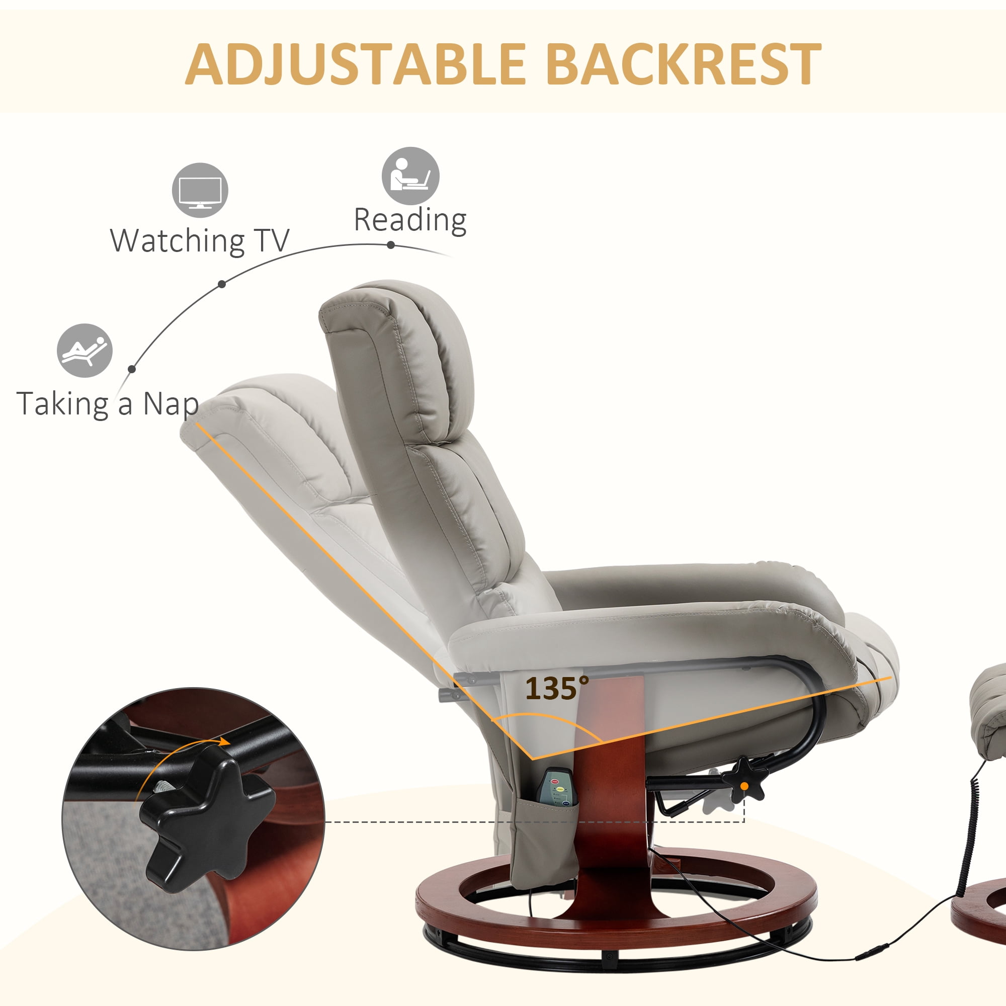 HOMCOM Massage Recliner Chair with Ottoman, Swivel Recliner and Footrest, Faux Leather Reclining Chair with Remote Control, 10 Vibration Point and Side Pocket, Gray