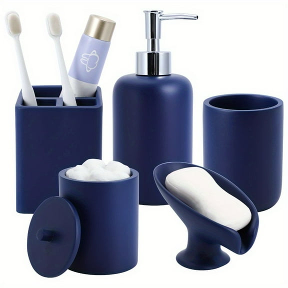 Resin Navy Blue Bathroom Set with Toothbrush Holder, Lotion Soap Dispenser, Q-Tip Stand Disher, Vanity Tray Organizer - Countertop Sink Storage for Bath Accessories