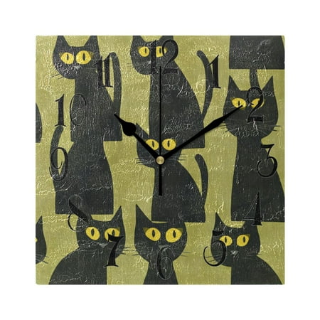Black Cats in Green Wall Clock Decorative Square Silent Non-Ticking Operated Clocks Aesthetic for Bedroom Living Room