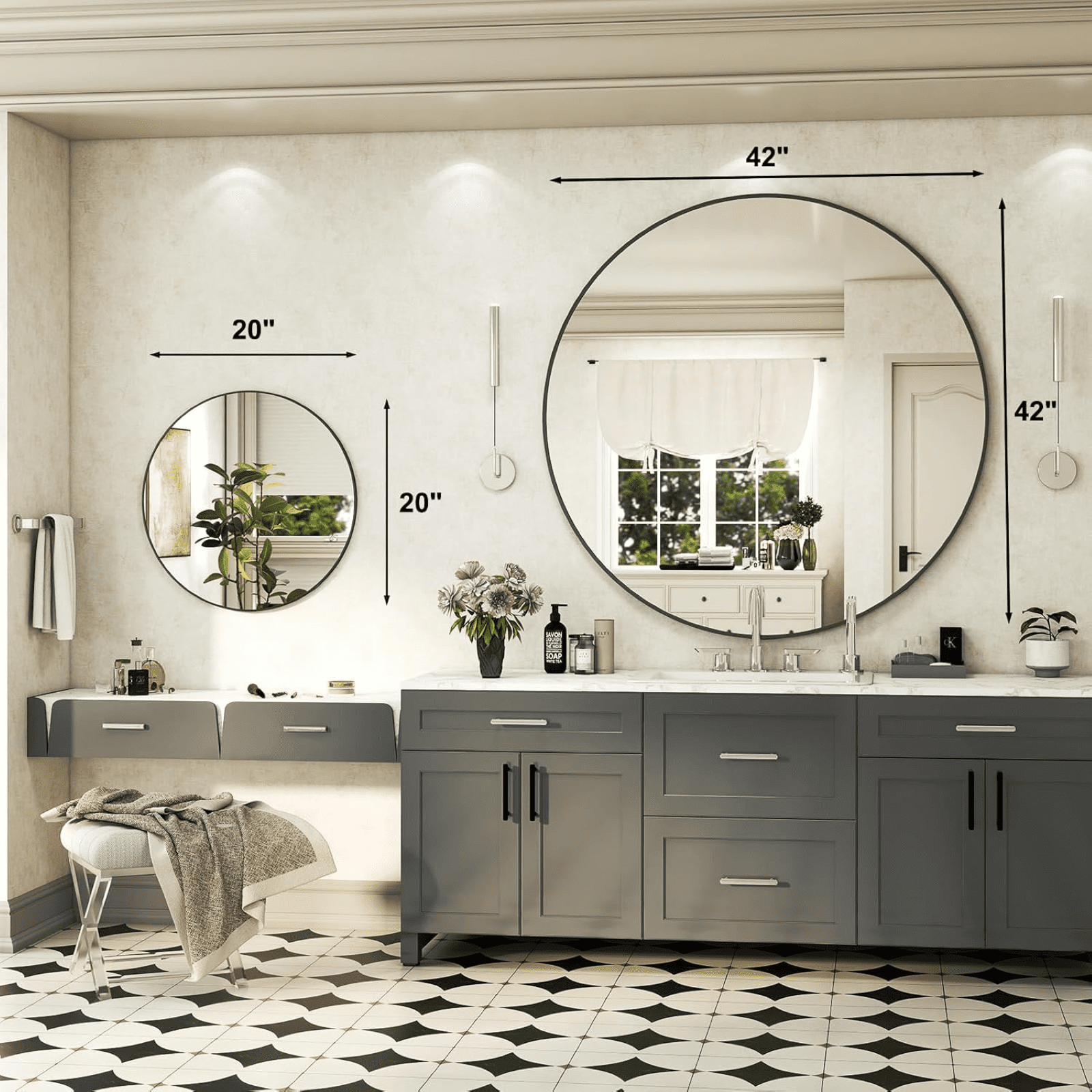 AUROMIR 42" Round Wall Mirror Bathroom Vanity Mirror Aluminum Alloy Frame,Black