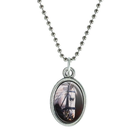Beautiful White Horse Reins Tack Harness Antiqued Oval Charm Pendant with Chain