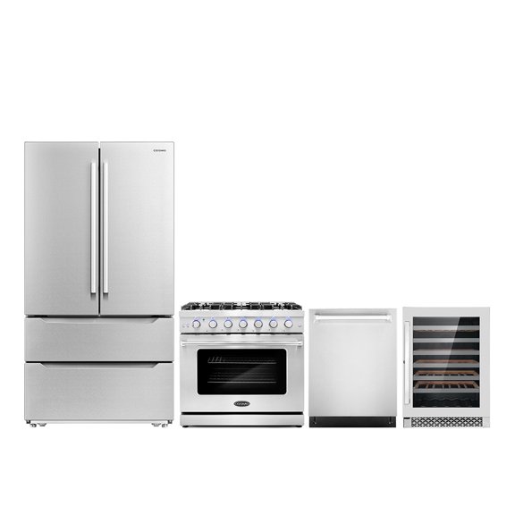 Cosmo 4 Piece Kitchen Appliance Package with 36" Freestanding Gas Range 24" Built-in Integrated Dishwasher French Door Refrigerator & 48 Bottle Freestanding Wine Refrigerator Kitchen Appliance Bundles