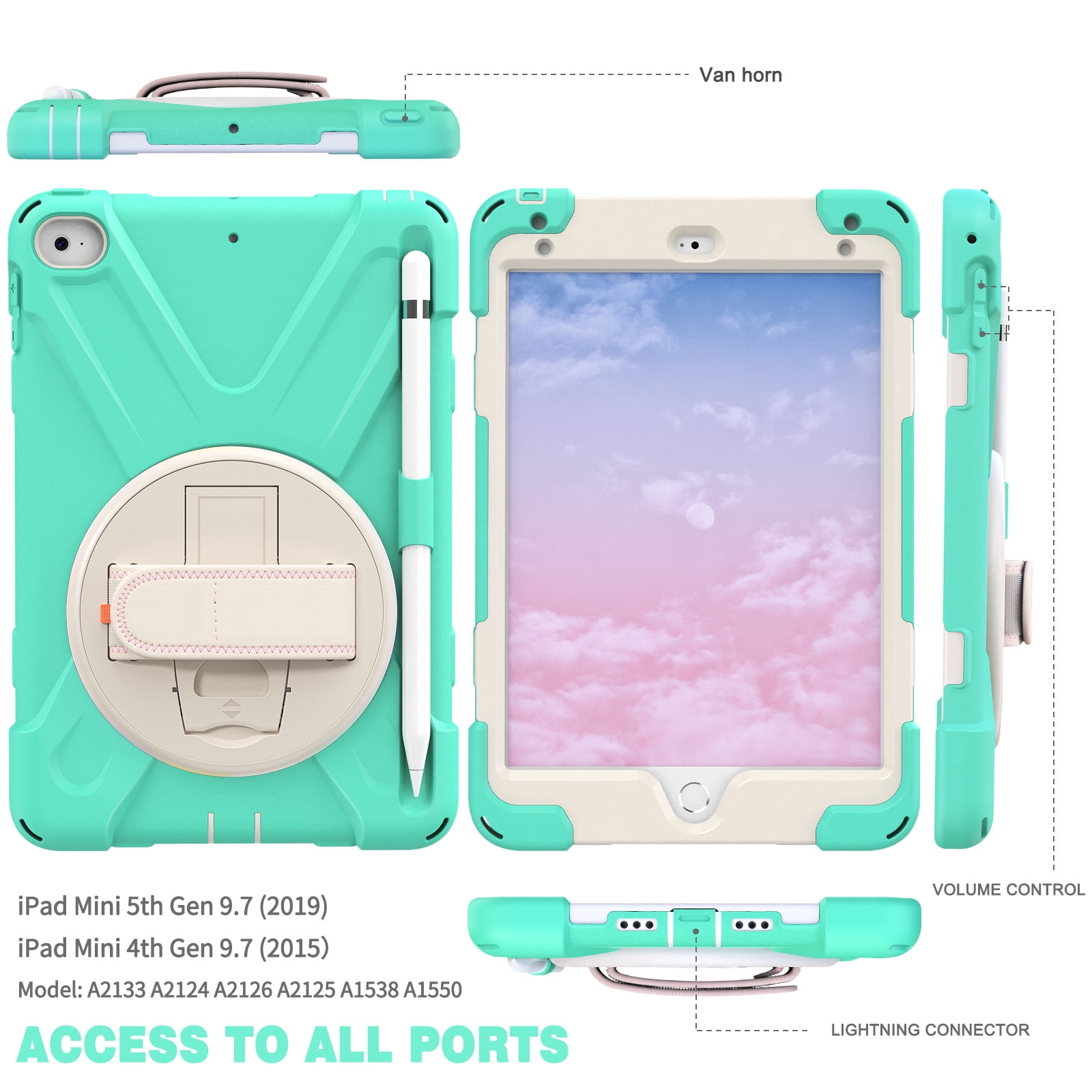 Allytech iPad Mini 5 Case Kids, iPad mini 4 Case with Screen Protector, Heavy Duty Protection Rugged Kids Friendly Shockproof Kickstand Pencil Holder Case Cover for Apple iPad mini 4/ mini 5,Mint