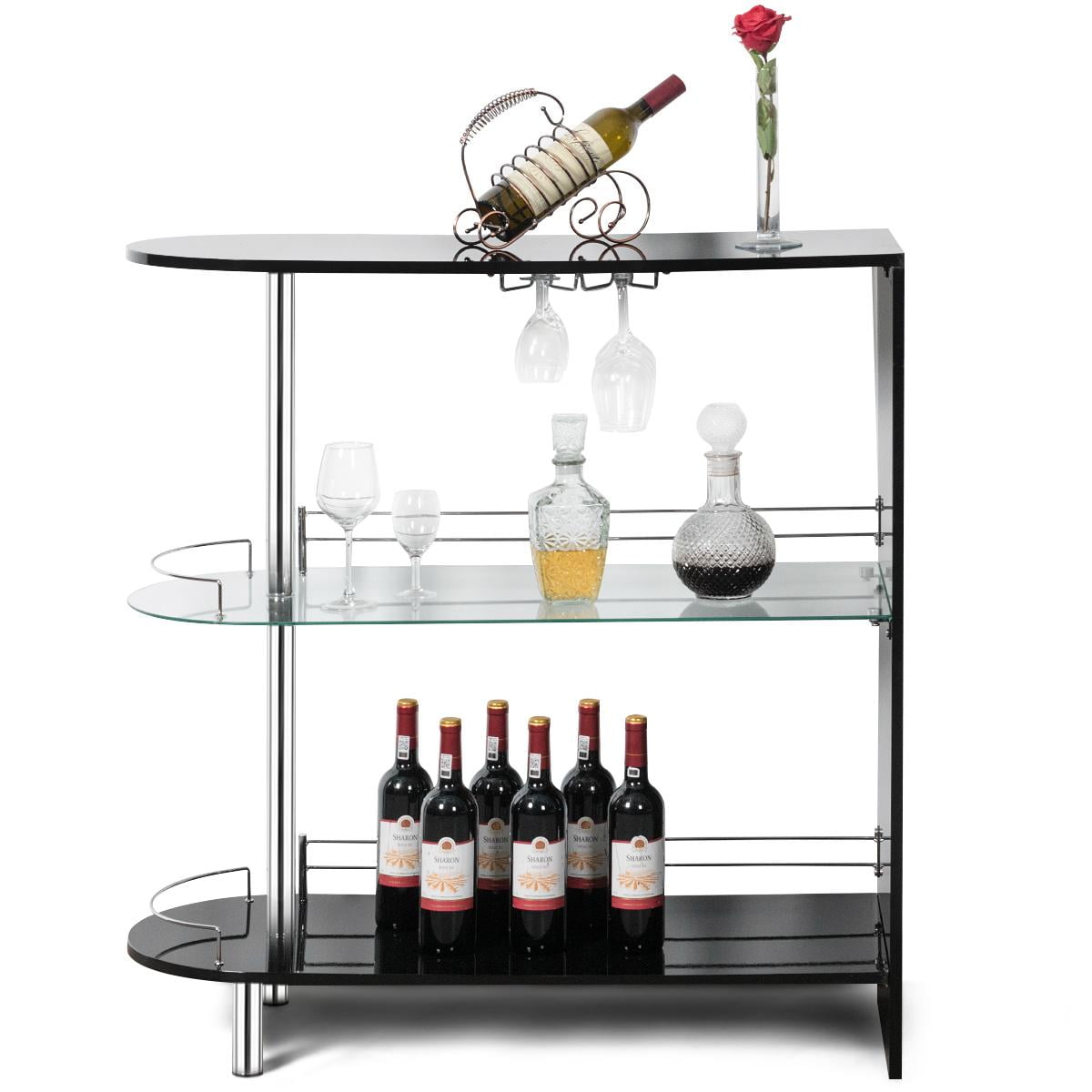 Giantex Bar Cabinets Table with 2 Holder Modern Liquor Display Bar Cabinet with Tempered Glass Shelves Wine Storage with Wine Glass Holders Ideal for Home Kitchen Bar Pub Black Walmart