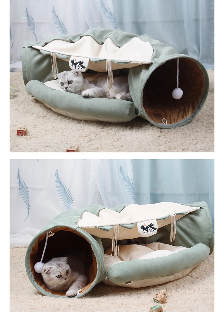 Pet Daily Kit Cat Tunnel, Large indoor outdoor Collapsible Pet Toy Tunnel Tube Cat Collapsible Play Tunnel Tube Bed with Cushion Pink