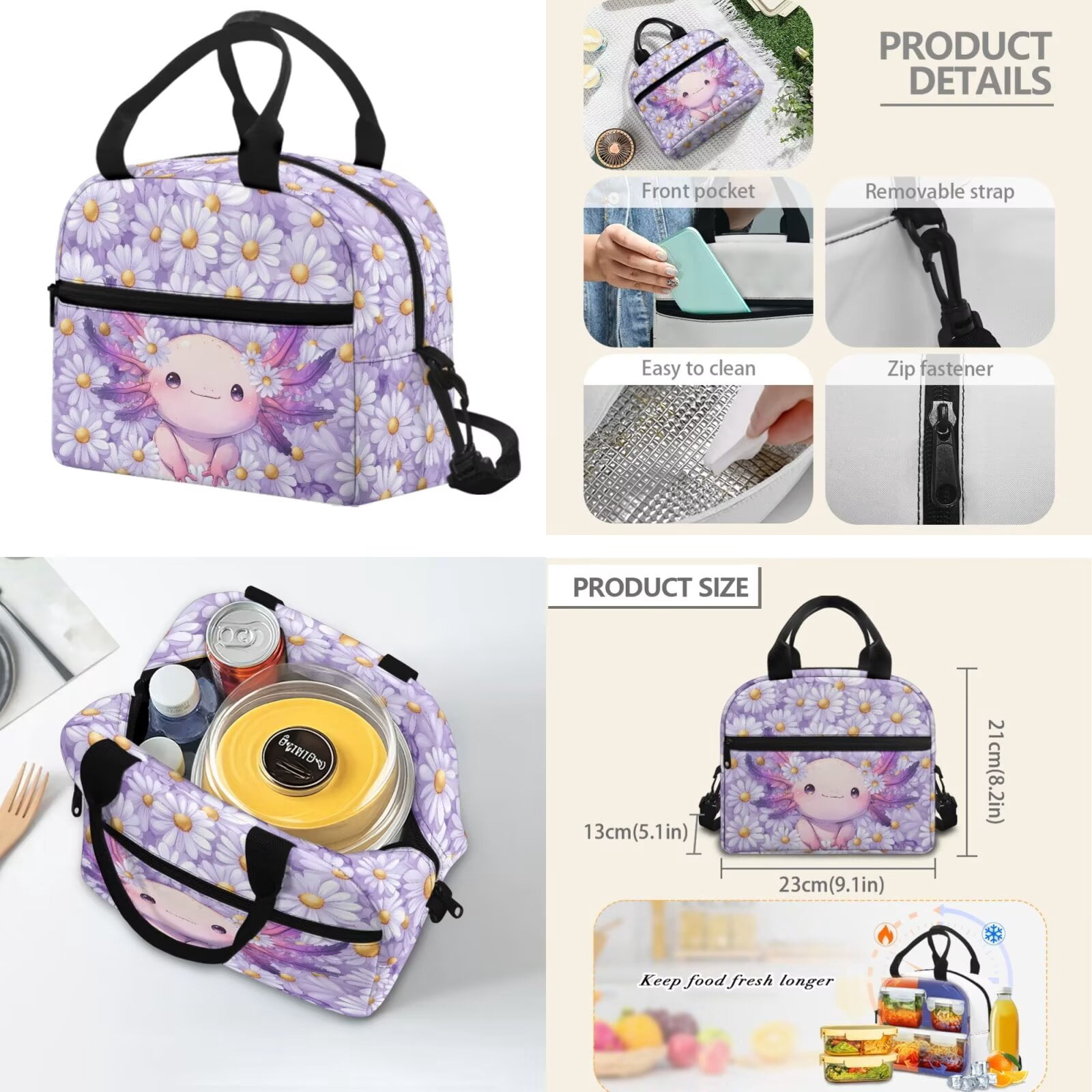 Pzuqiu Daisy Axolotl Girls Backpacks School Backpack with Lunch Bag Pencil Case Water Bottle Holder for 10-12 Kids 17 Inch Bookbag 4 Pcs School Bag Set Lightweight Laptop Backpack