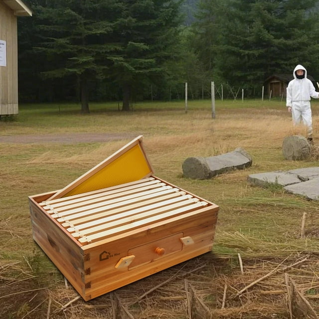 EDTara Langstroth Beehive Starter Kit, 10-Frame Cedar Wood Box, Pre-Coated with Natural Beeswax, Medium Window Box, Dovetail Construction**