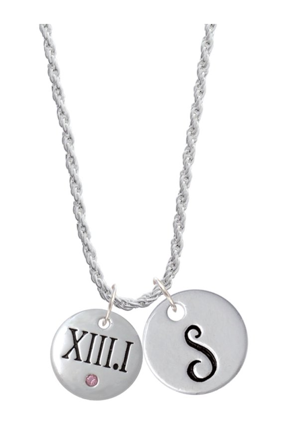 Silvertone Half Marathon with Pink Crystal Roman Numeral Silvertone Script Initial Disc - S - Charm Necklace, 20"+3"
