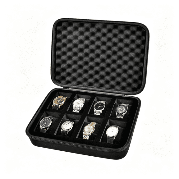 DESIGNICE 8 Slots Travel Watch Case for Men Women,Hard Shell Watch Display Storage Oragnizer with Sturdy Handle&8 Removable Velvet Cushions for All Wristwatches and Smart Watches,Black