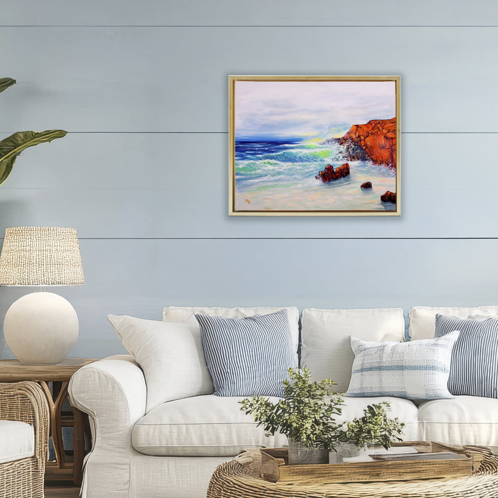 Stupell Industries Deep Blue Rocky Beach Gold Framed Floater Canvas Wall Art, design by Lee Ann Zirbes