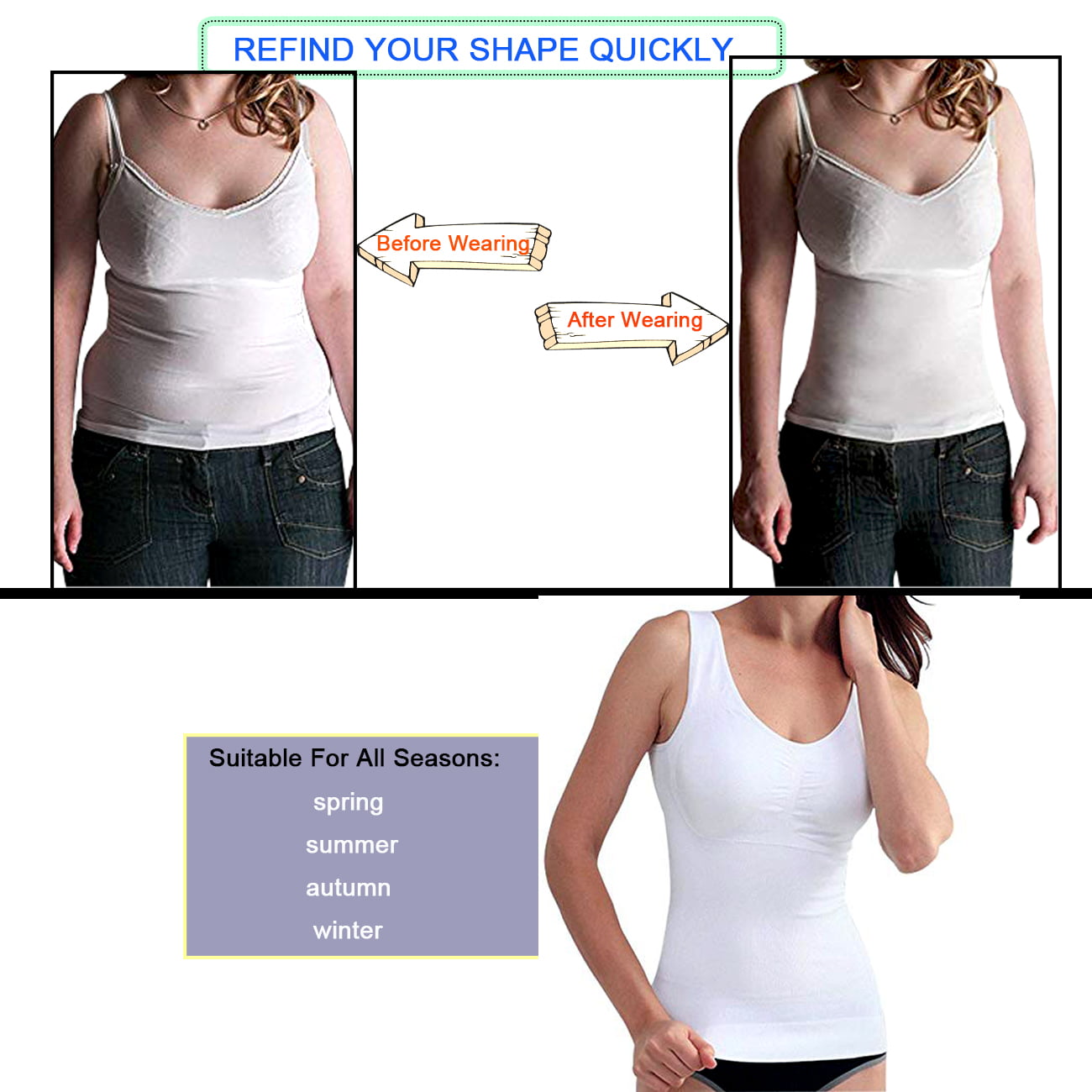 Women's Shapewear Cami with Built-in Bra Tummy Firm Control Camisole Tank  Top Underskirts Shapewear Body Shaper (White, Large)