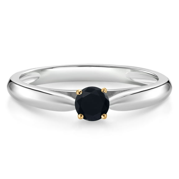 Gem Stone King 0.13 Ct Round Black Onyx 925 Silver and 10K Yellow Gold Solitaire Engagement Ring (Size 8)