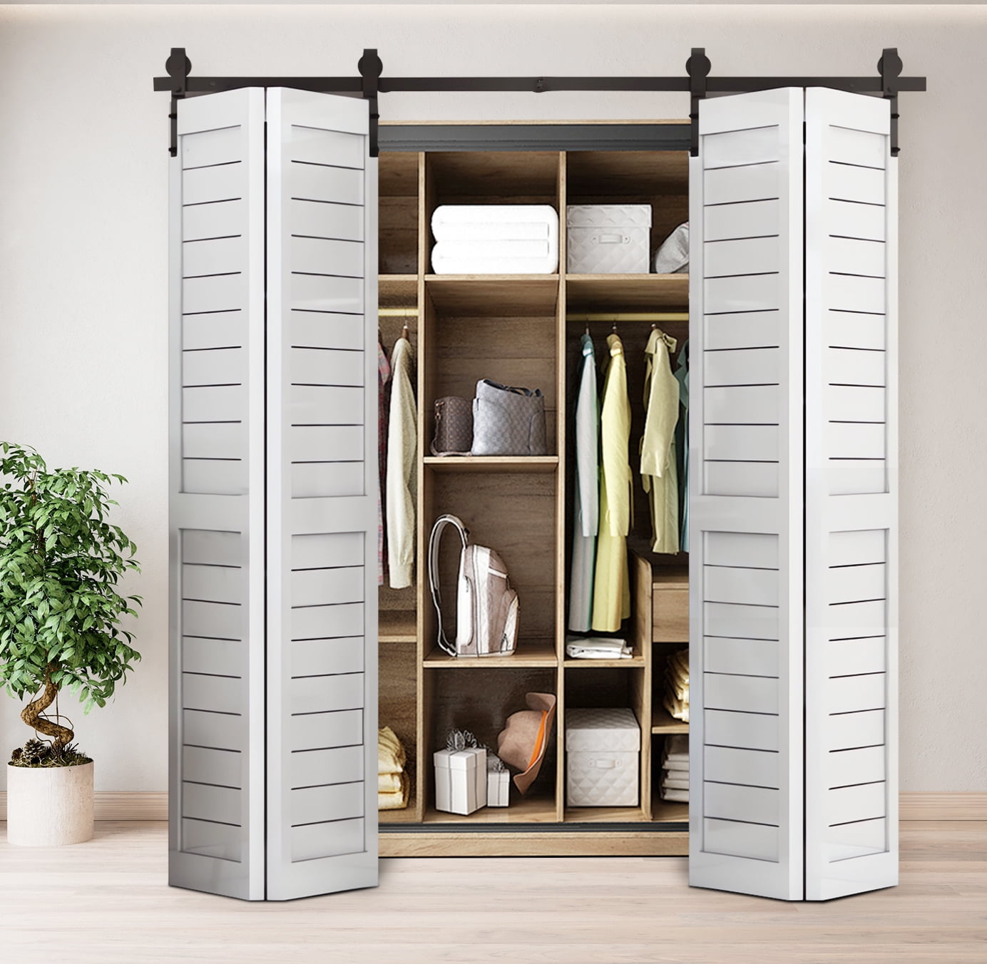 80" Bi-Folding Sliding Barn Door Hardware Kit for 4 Doors,Smoothly&Quietly,Black Track J Shape Roller