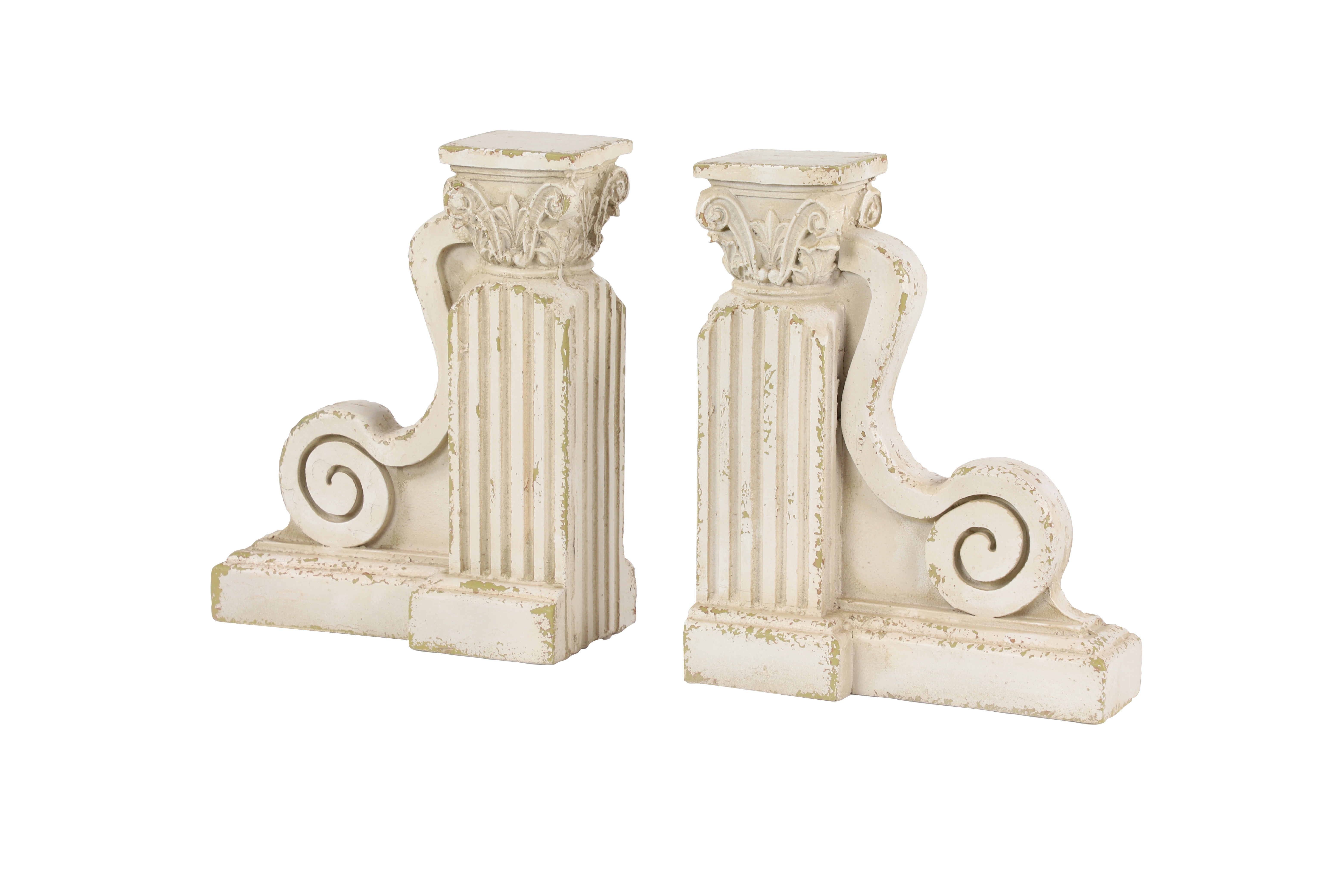 Decmode - 10” x 12” Large Distressed White Decorative Pillar Scroll Bookends
