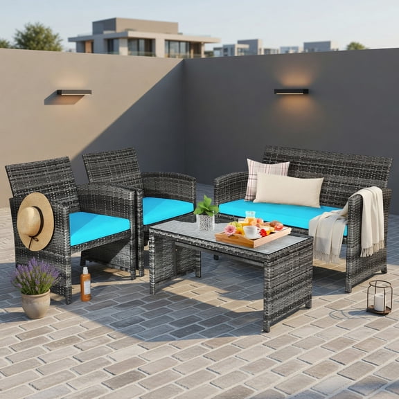 Hommoo 4-Piece Outdoor Rattan Patio Furniture Set with Removable Cushions, Turquoise