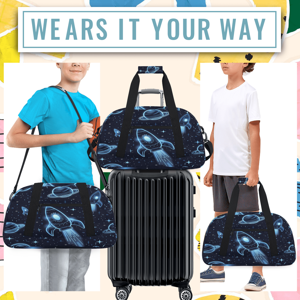 Herdesigns Planets Universe Rocket Sports Duffle Bag for Women & Men, Outer Space Gym Bag Dance Bag Overnight Bag Carry On Weekender Travel Bag