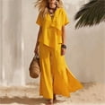 thumbnail image 3 of Women Linen Sets 2 Piece Outfits Short Sleeve Asymmetrical Shirt Split Wide Leg Pants 2026 Summer Trendy Boho Pant Suits,Yellow L, 3 of 8