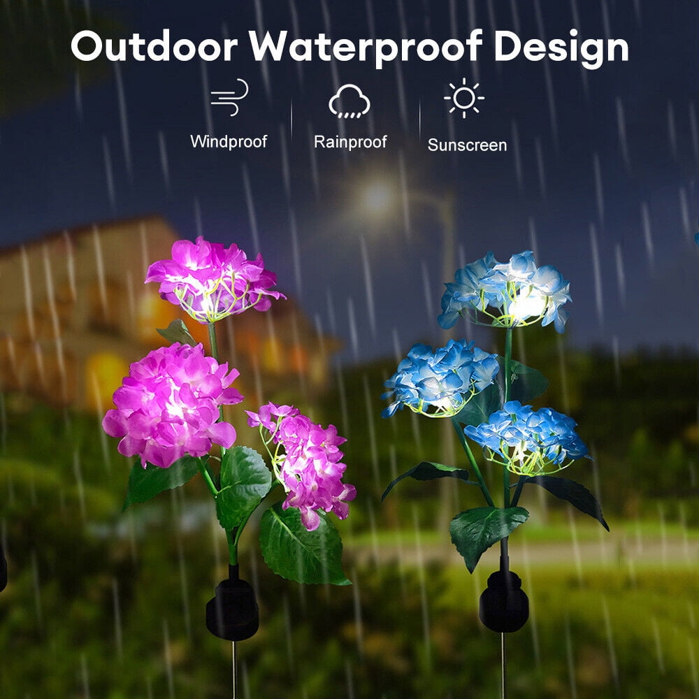 2 Pack 3 Head Hydrangea Solar Garden Stake Lights Outdoor Waterproof Solar Powered Decorative Lights for Patio, Courtyard, Garden Lawn (White)