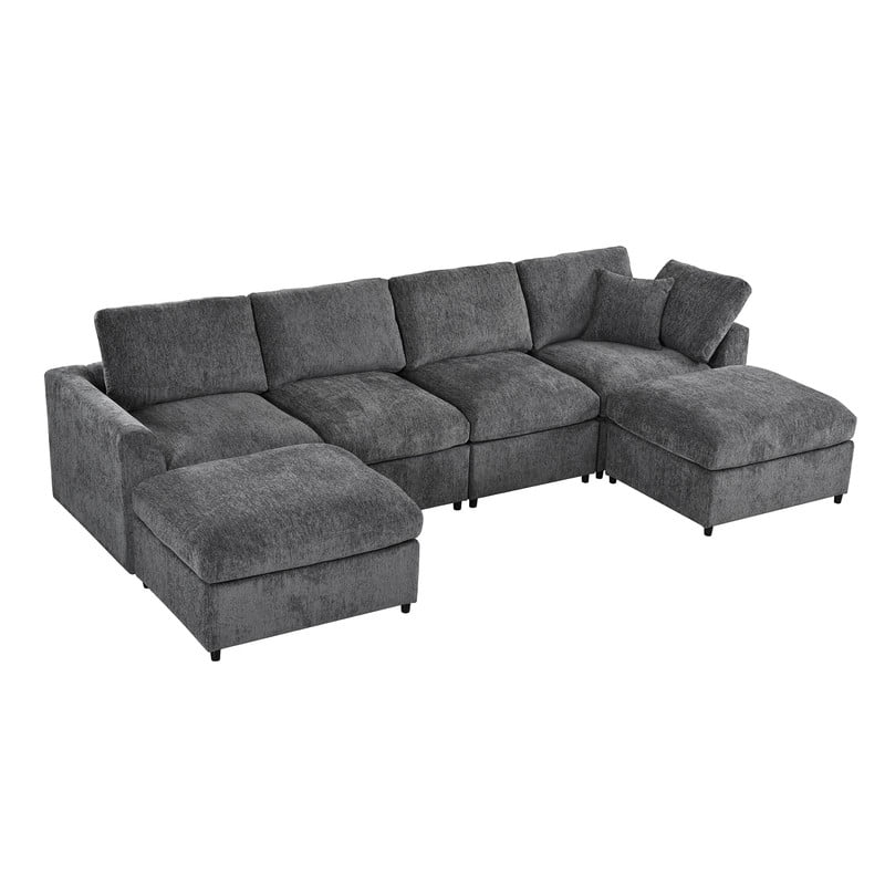 130.3" 6-Seater U-Shaped Modular Sectional Sofa, Chenille Upholstered Couch with 2 Movable Ottomans, Deep Seat Modern Sofa with Solid Wood Frame, Accent Pillow for Living Room