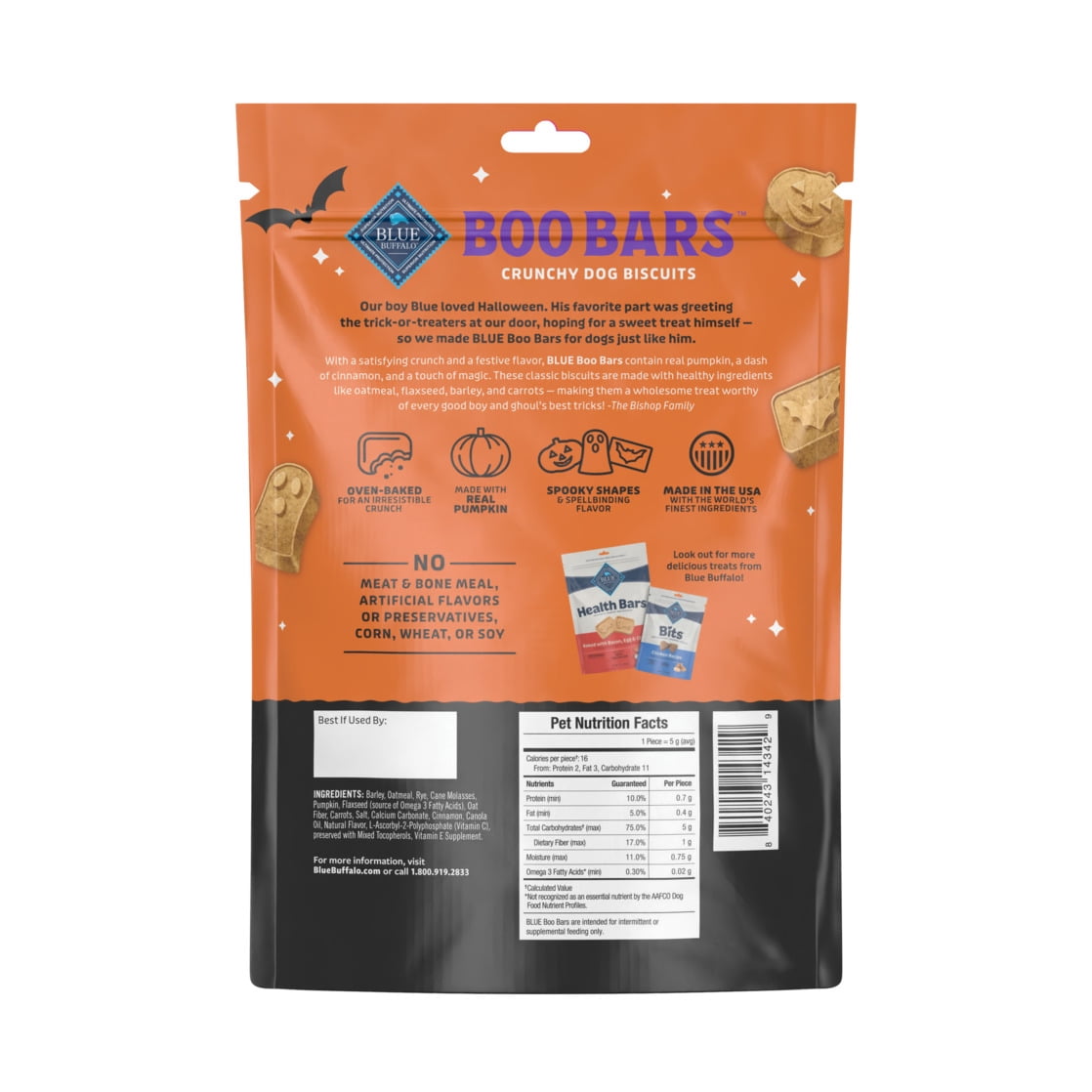 (3 pack) Blue Buffalo Boo Bars Crunchy Halloween Dog Biscuits Pumpkin & Cinnamon Recipe 11-oz Bag