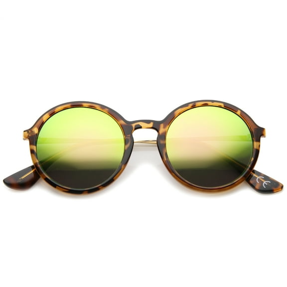 sunglassLA Unisex Mid Sized Modern Metal Temple Mirror Lens Round Sunglasses (Tortoise / Pink-Green Mirror) - 49mm
