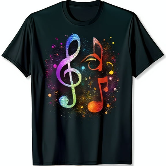 Vibrant Musical Design Black T-Shirt with Glitter