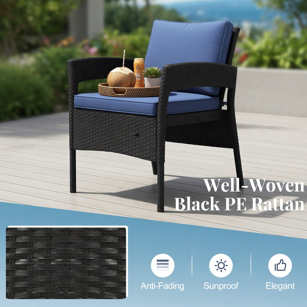 Hommoo Outdoor Loveseat with Built-in Tempered Glass Table, PE Rattan Patio Sofa for Backyard, Porch, Poolside, Navy
