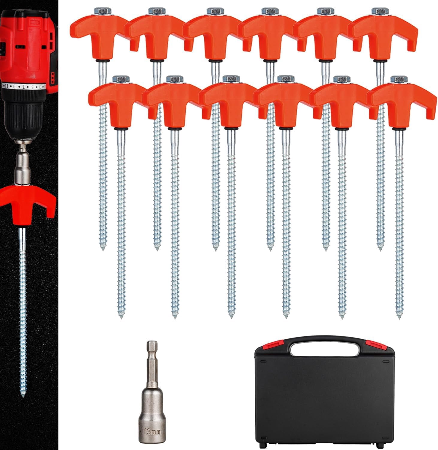 HRTGFD-12 Pack Screw in Tent Stakes Heavy Duty,8 ’’ Ground Anchors Screw in,Metal Stakes with Hex Head Driver and Sturdy Storage Box. (12, Orange)