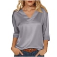 thumbnail image 5 of 3/4 Length Sleeve Womens Tops Spring Summer Relaxed Fit Satin V Neck Plain T Shirts Dressy Casual Work Shirt Blouse, 5 of 8