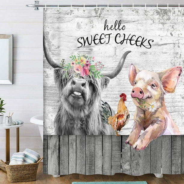 Farmhouse Cow Shower Curtain, Cute Farm Highland Chicken and Pig