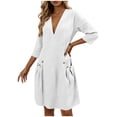 thumbnail image 1 of Vestido de Verano 3/4 Manga para las Mujeres Cuello en V Lino Vestido Suelto, Suelto Vestido Fluido para las Mujeres con Bolsillos Color Sólido, 1 of 7
