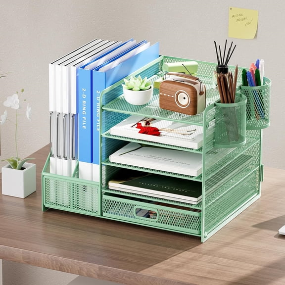 Desk Organizer with File Holder, 5-Tier Paper Letter Tray Organizer with Drawer and 2 Pen Holder, Mesh Desktop Organizer and Storage with Magazine Holder for Office Supplies (Green)