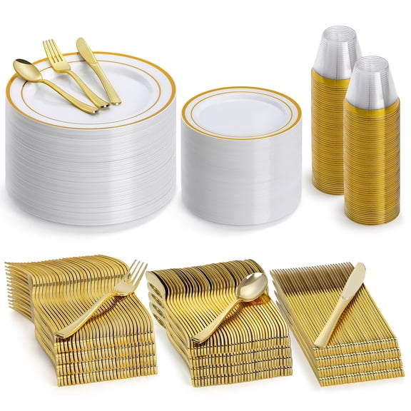 300 Pieces Gold Dinnerware for AFN150 Guests, Plates for Party Wedding Birthday, Disposable Dinnerware Set of 50 Dinner Plates, 50 Salad Plates, 50 Spoons, 50 Forks, 50 Knives, 50 Cups