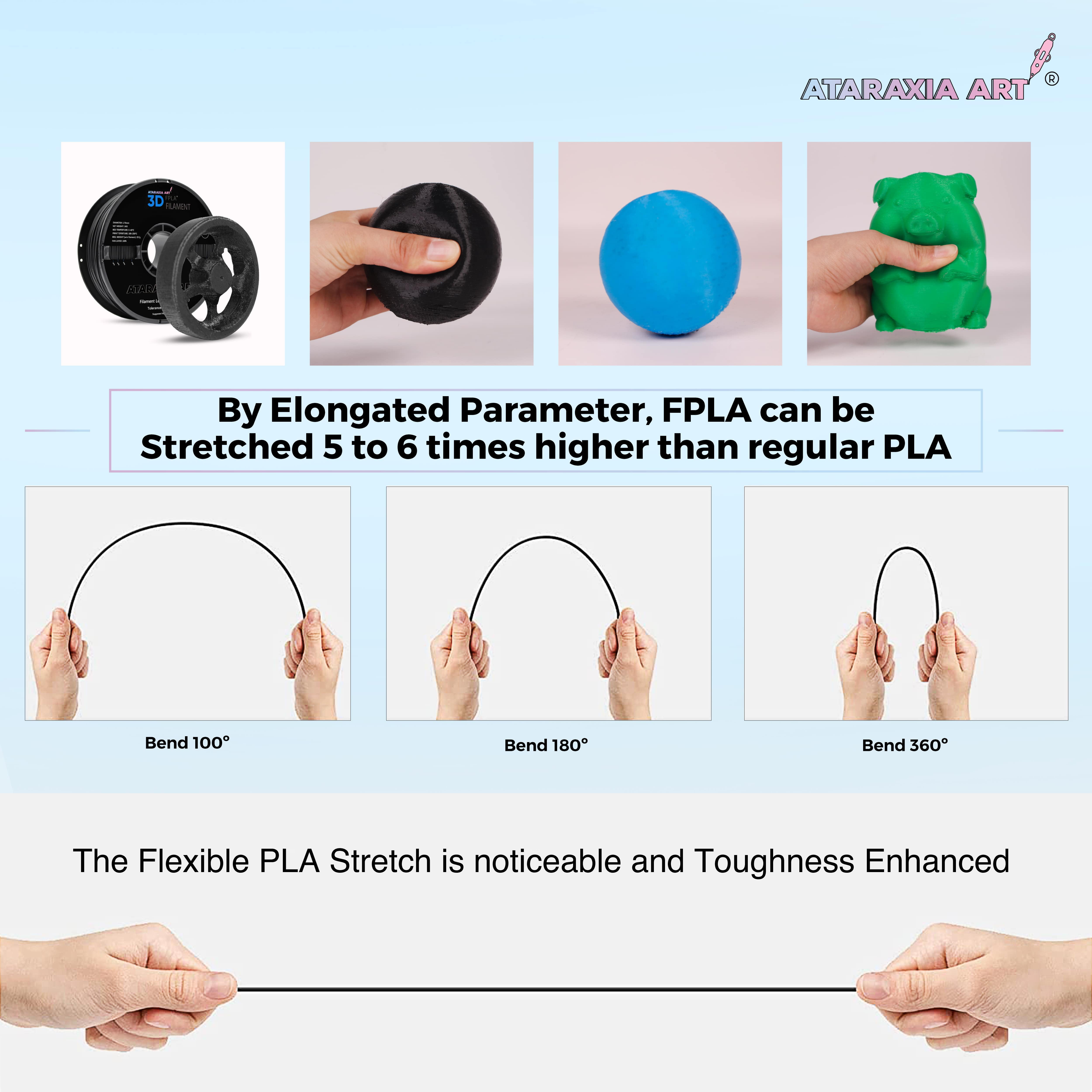 ATARAXIA ART Flexible PLA Filament 1.75mm, 3D Printer Filament,1kg, Better Than TPU, 89A Shore Hardness, Patent Formula, Compatible Bowden Extruder, With Filament storage Bag,FPLA Slate Gray