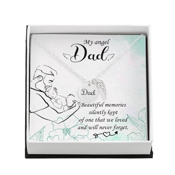 Beautiful Memories Remembrance Necklace for Dad Angel Wing Charm Stainless Steel or 18k Gold Finish