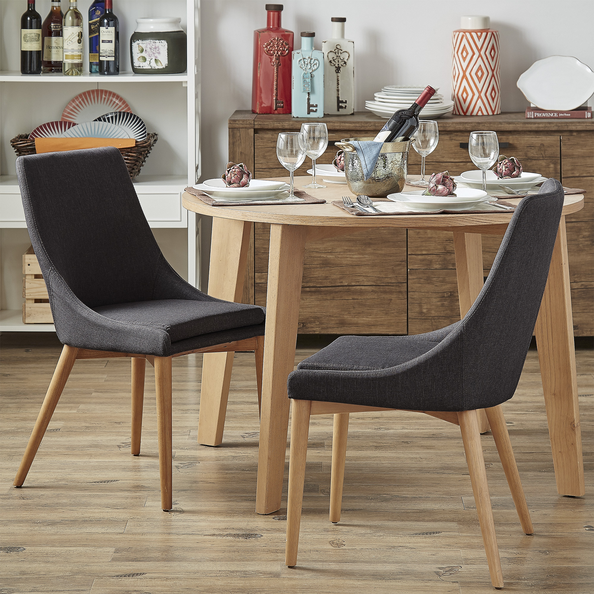 Chelsea Lane Mid-Century Modern Linen and Oak Dining Chairs, Set of 2, Dark Grey