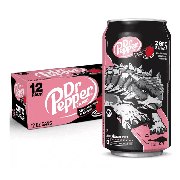 Dr Pepper Zero Sugar Strawberries and Cream Soda Pop, 12 fl oz, 12 Pack Cans